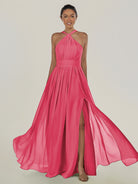 KissDress-Ciri Fuchsia A Line Chiffon Halter Neck Pleated Long Bridesmaid Dress with Slit
