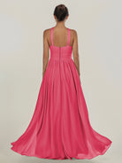 KissDress-Ciri Fuchsia A Line Chiffon Halter Neck Pleated Long Bridesmaid Dress with Slit