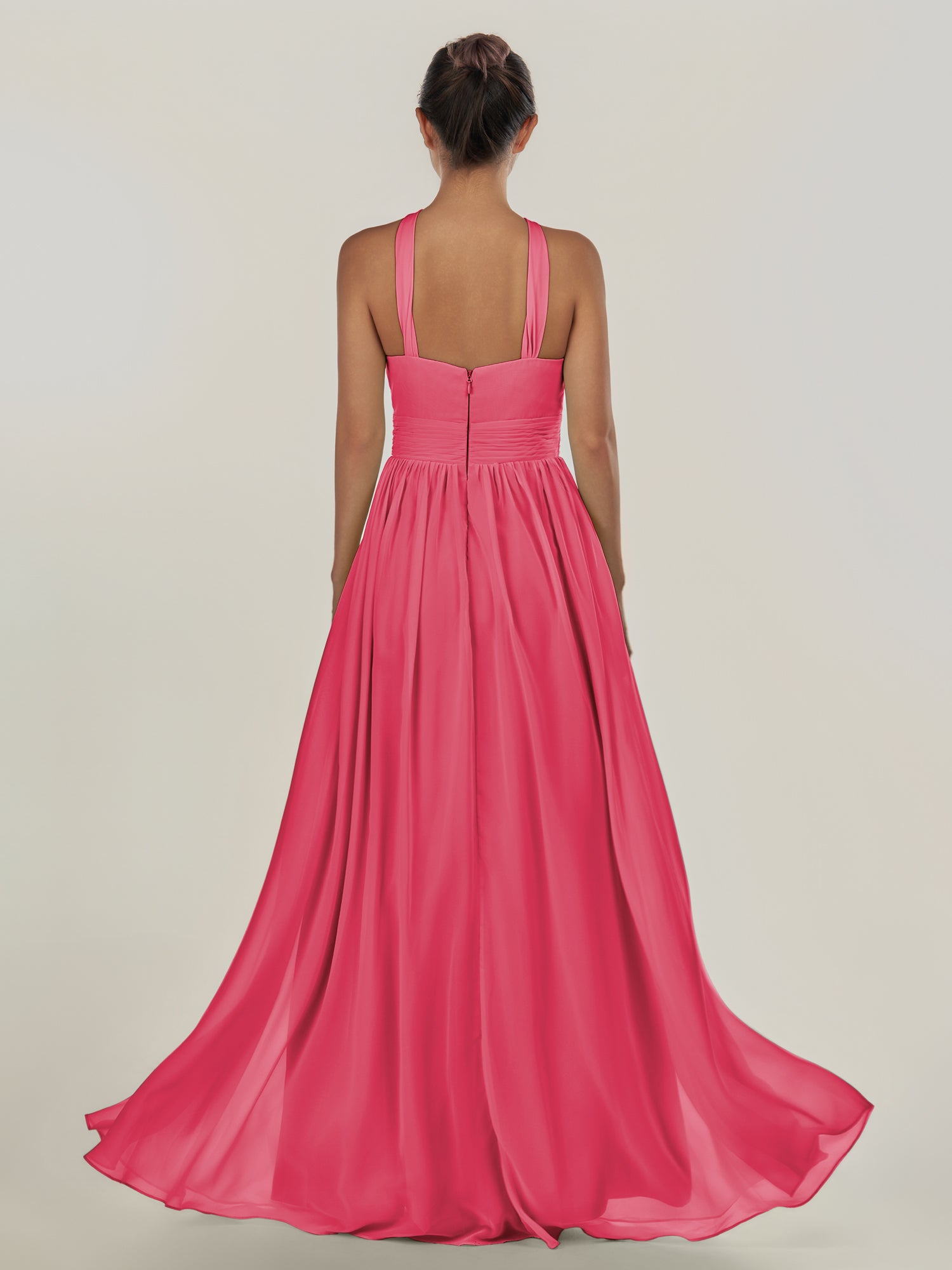 KissDress-Ciri Fuchsia A Line Chiffon Halter Neck Pleated Long Bridesmaid Dress with Slit