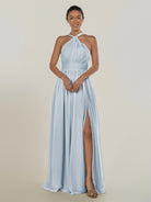 KissDress-Ciri Ice A Line Chiffon Halter Neck Pleated Long Bridesmaid Dress with Slit