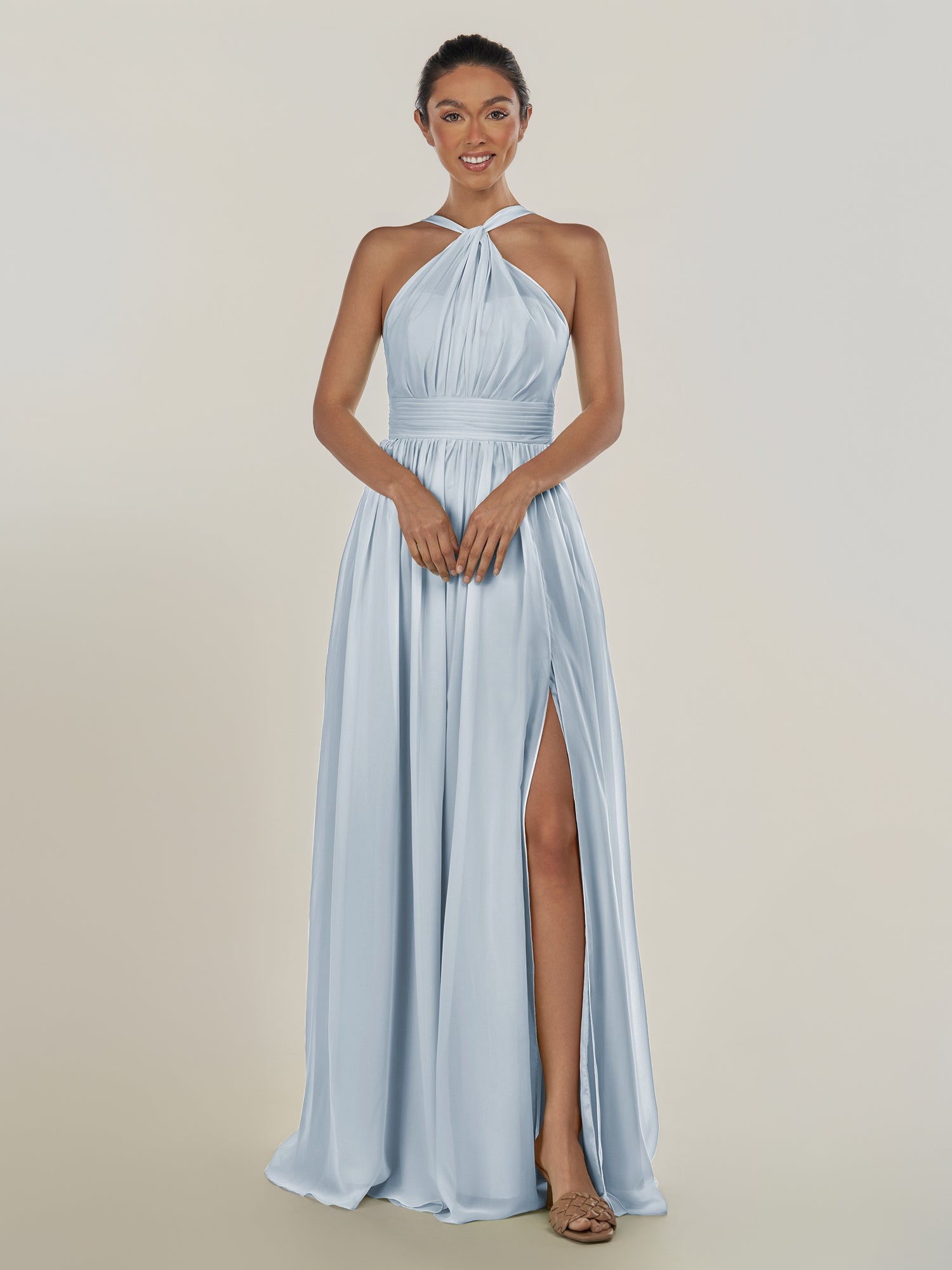 KissDress-Ciri Ice A Line Chiffon Halter Neck Pleated Long Bridesmaid Dress with Slit