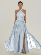KissDress-Ciri Ice A Line Chiffon Halter Neck Pleated Long Bridesmaid Dress with Slit