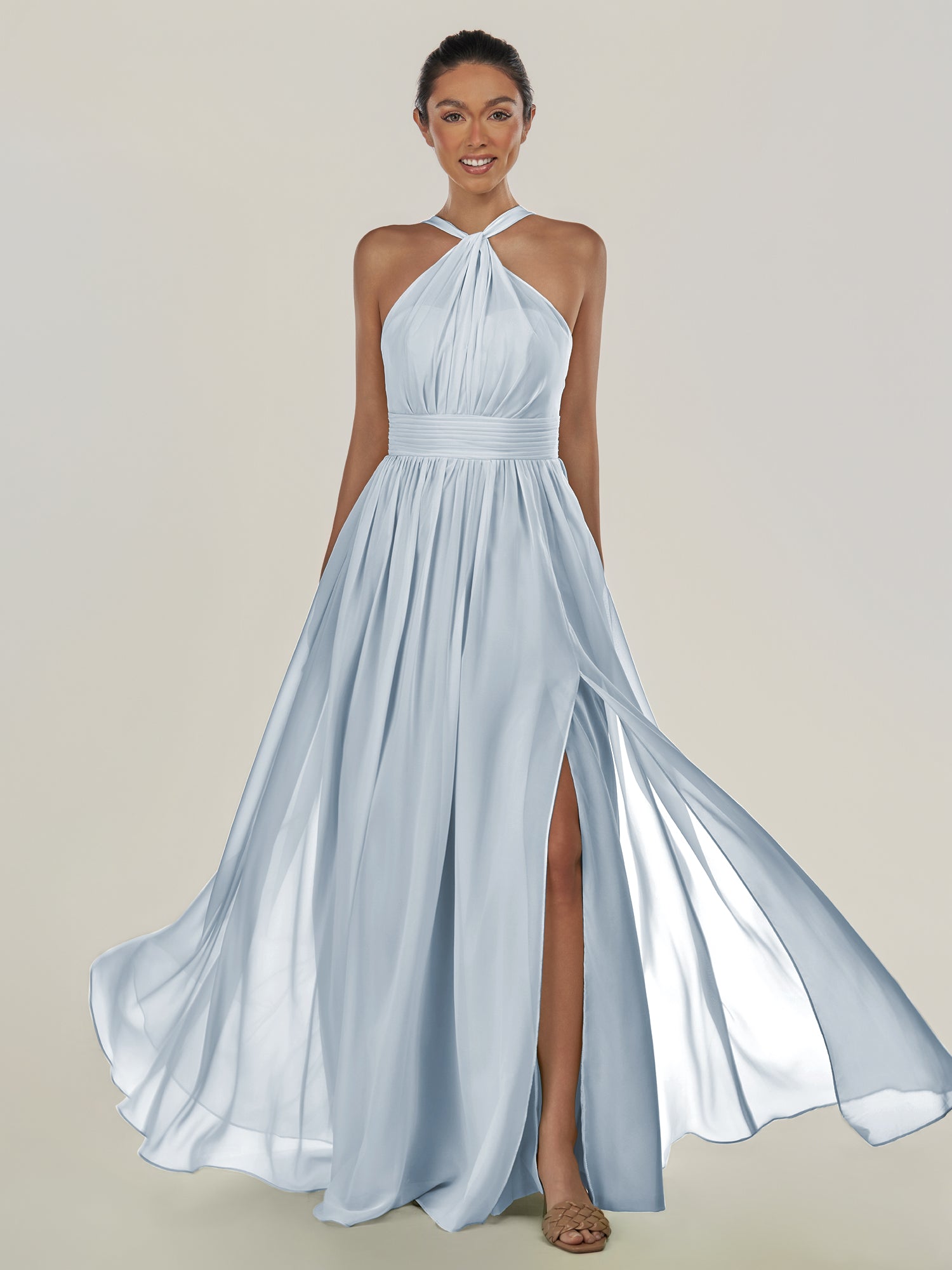 KissDress-Ciri Ice A Line Chiffon Halter Neck Pleated Long Bridesmaid Dress with Slit