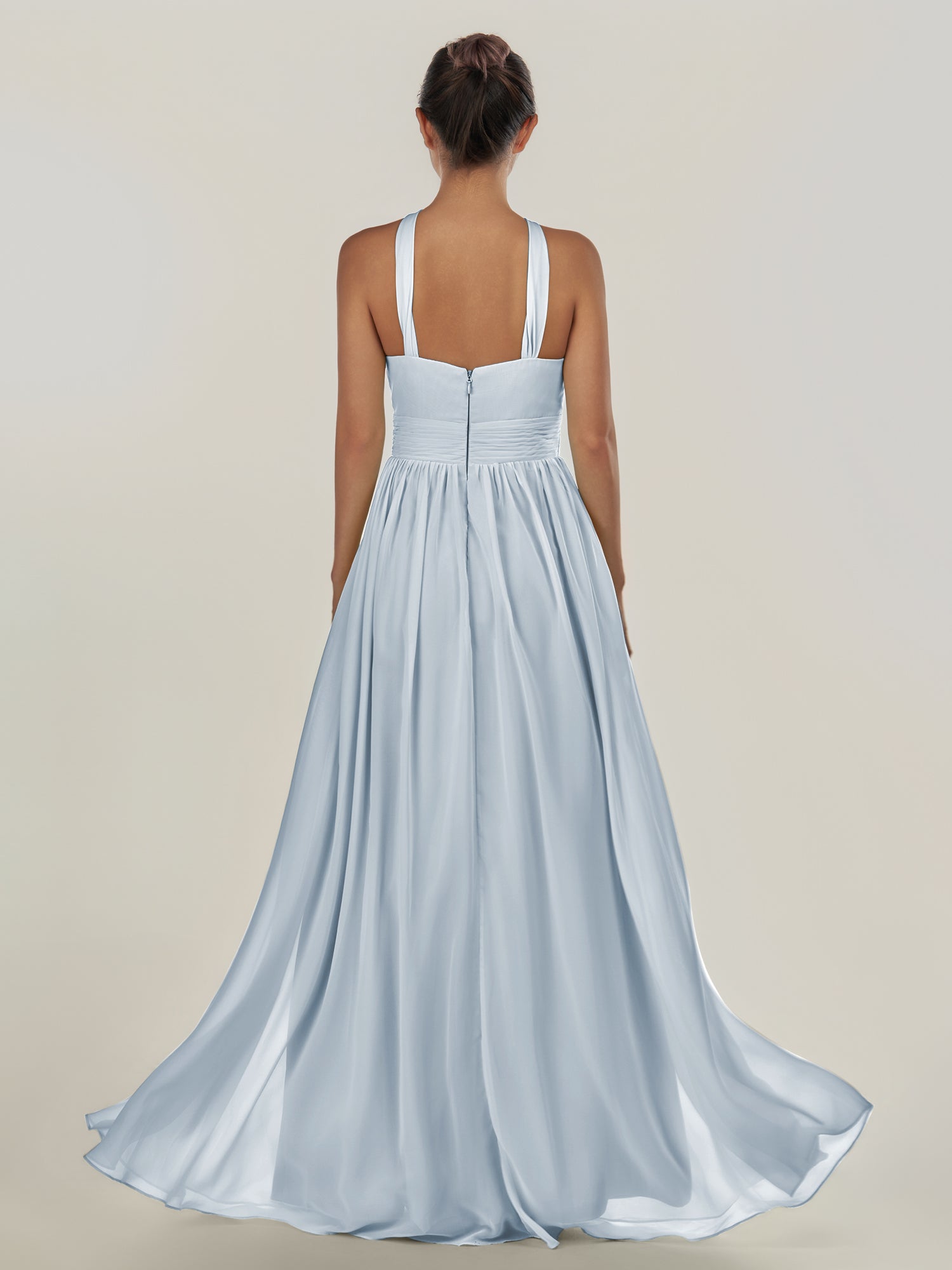 KissDress-Ciri Ice A Line Chiffon Halter Neck Pleated Long Bridesmaid Dress with Slit
