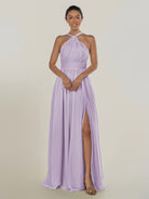 KissDress-Ciri Lavender A Line Chiffon Halter Neck Pleated Long Bridesmaid Dress with Slit