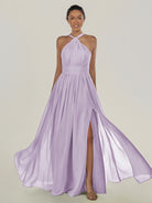 KissDress-Ciri Lavender A Line Chiffon Halter Neck Pleated Long Bridesmaid Dress with Slit