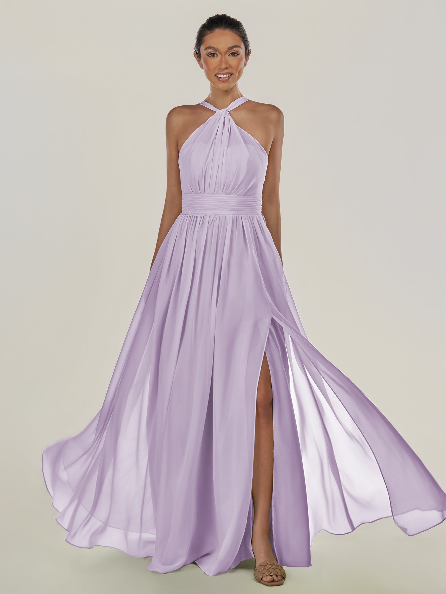 KissDress-Ciri Lavender A Line Chiffon Halter Neck Pleated Long Bridesmaid Dress with Slit
