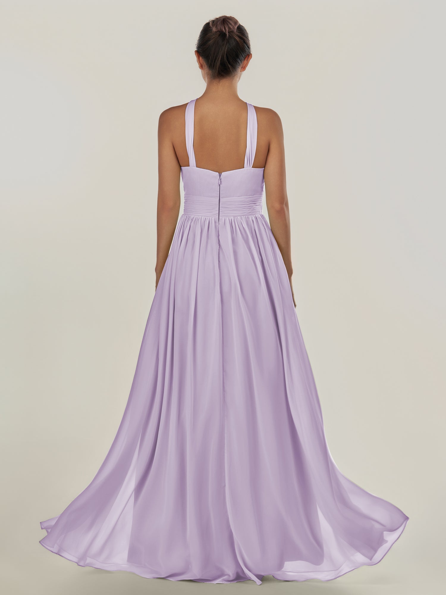 KissDress-Ciri Lavender A Line Chiffon Halter Neck Pleated Long Bridesmaid Dress with Slit