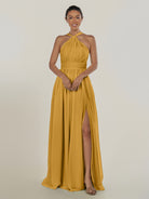 KissDress-Ciri Marigold A Line Chiffon Halter Neck Pleated Long Bridesmaid Dress with Slit