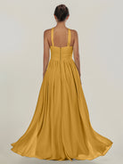KissDress-Ciri Marigold A Line Chiffon Halter Neck Pleated Long Bridesmaid Dress with Slit