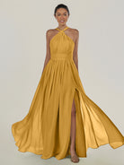 KissDress-Ciri Marigold A Line Chiffon Halter Neck Pleated Long Bridesmaid Dress with Slit