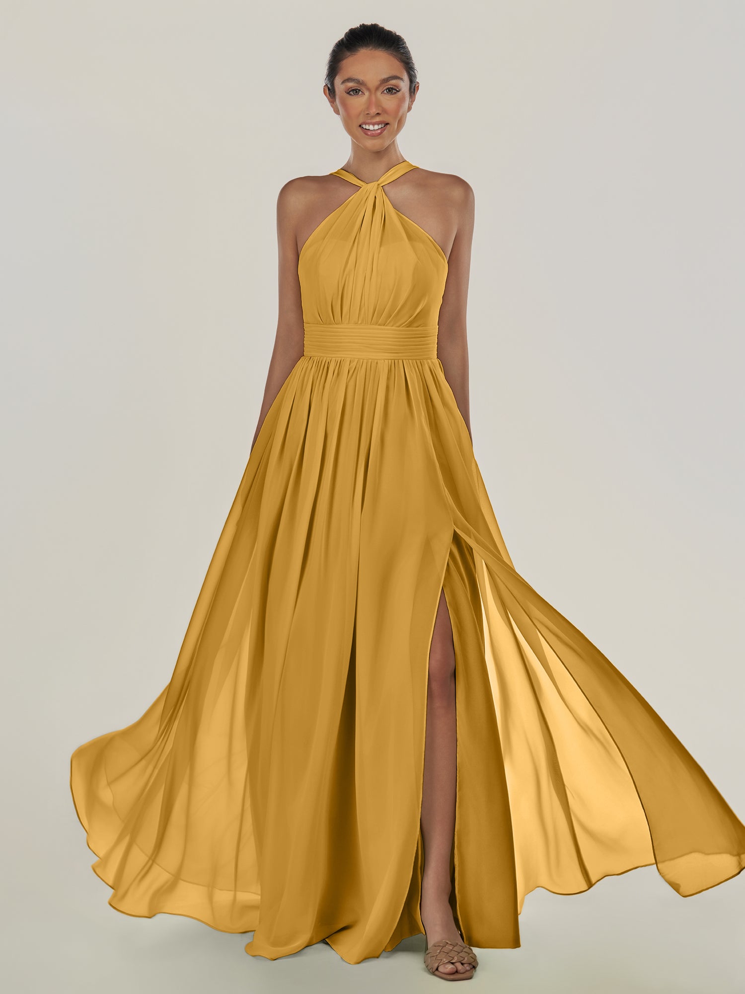 KissDress-Ciri Marigold A Line Chiffon Halter Neck Pleated Long Bridesmaid Dress with Slit