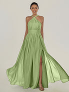 KissDress-Ciri Matcha A Line Chiffon Halter Neck Pleated Long Bridesmaid Dress with Slit