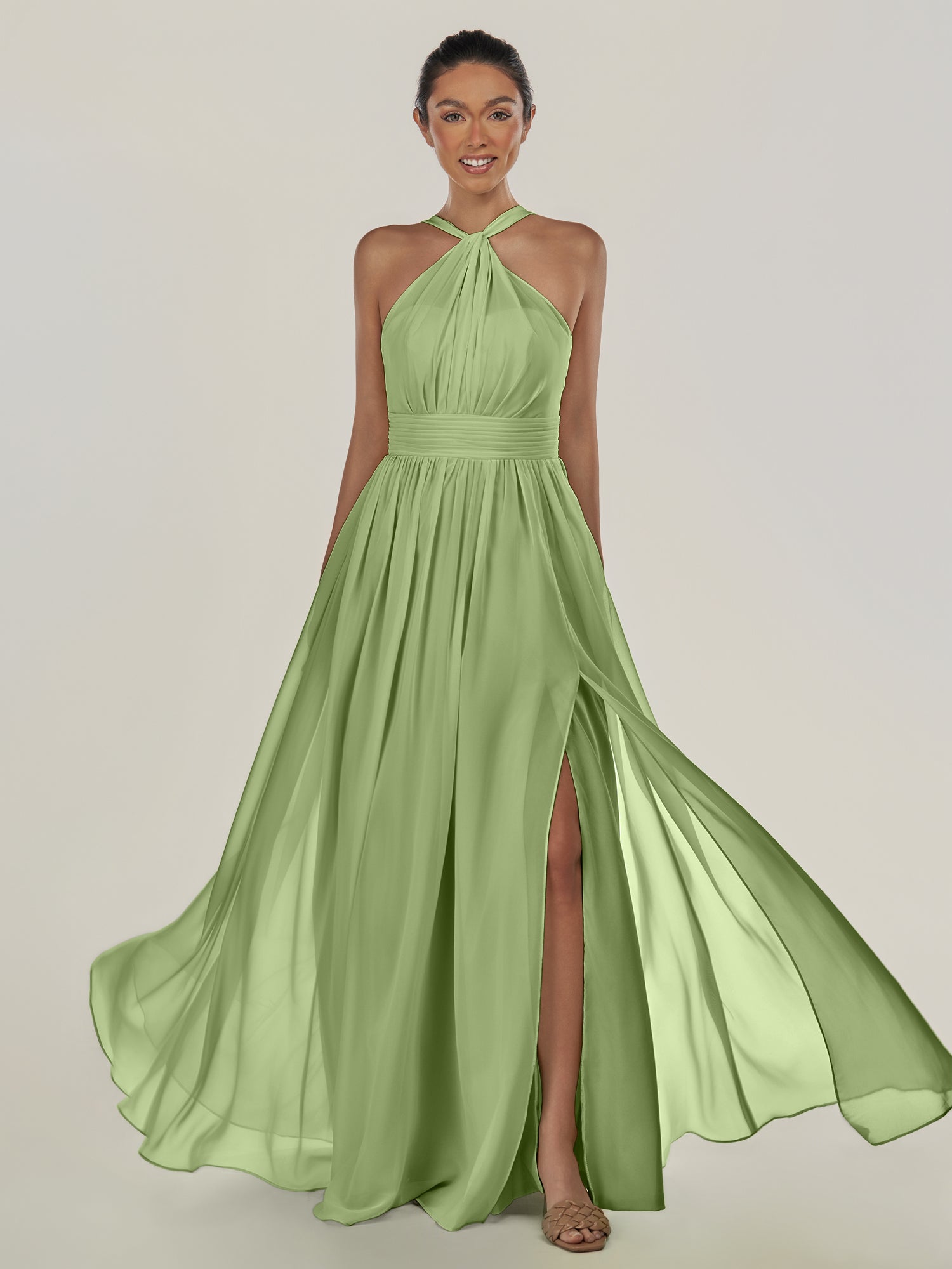 KissDress-Ciri Matcha A Line Chiffon Halter Neck Pleated Long Bridesmaid Dress with Slit
