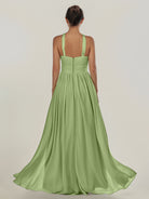 KissDress-Ciri Matcha A Line Chiffon Halter Neck Pleated Long Bridesmaid Dress with Slit