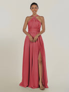 KissDress-Ciri Merlot A Line Chiffon Halter Neck Pleated Long Bridesmaid Dress with Slit
