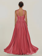 KissDress-Ciri Merlot A Line Chiffon Halter Neck Pleated Long Bridesmaid Dress with Slit
