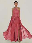KissDress-Ciri Merlot A Line Chiffon Halter Neck Pleated Long Bridesmaid Dress with Slit