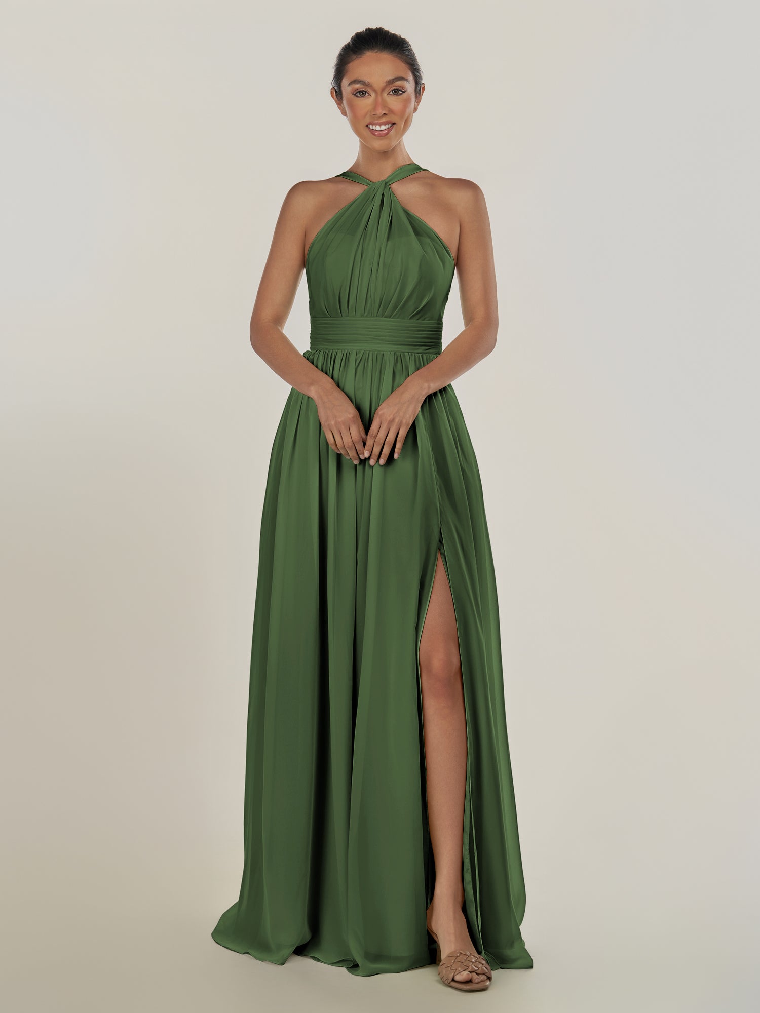 KissDress-Ciri Moss A Line Chiffon Halter Neck Pleated Long Bridesmaid Dress with Slit