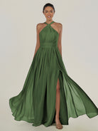 KissDress-Ciri Moss A Line Chiffon Halter Neck Pleated Long Bridesmaid Dress with Slit