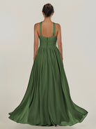 KissDress-Ciri Moss A Line Chiffon Halter Neck Pleated Long Bridesmaid Dress with Slit