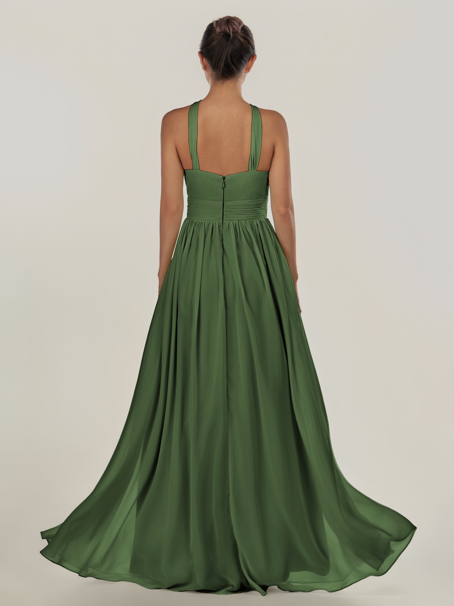 KissDress-Ciri Moss A Line Chiffon Halter Neck Pleated Long Bridesmaid Dress with Slit