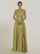 KissDress-Ciri Moss Green A Line Chiffon Halter Neck Pleated Long Bridesmaid Dress with Slit