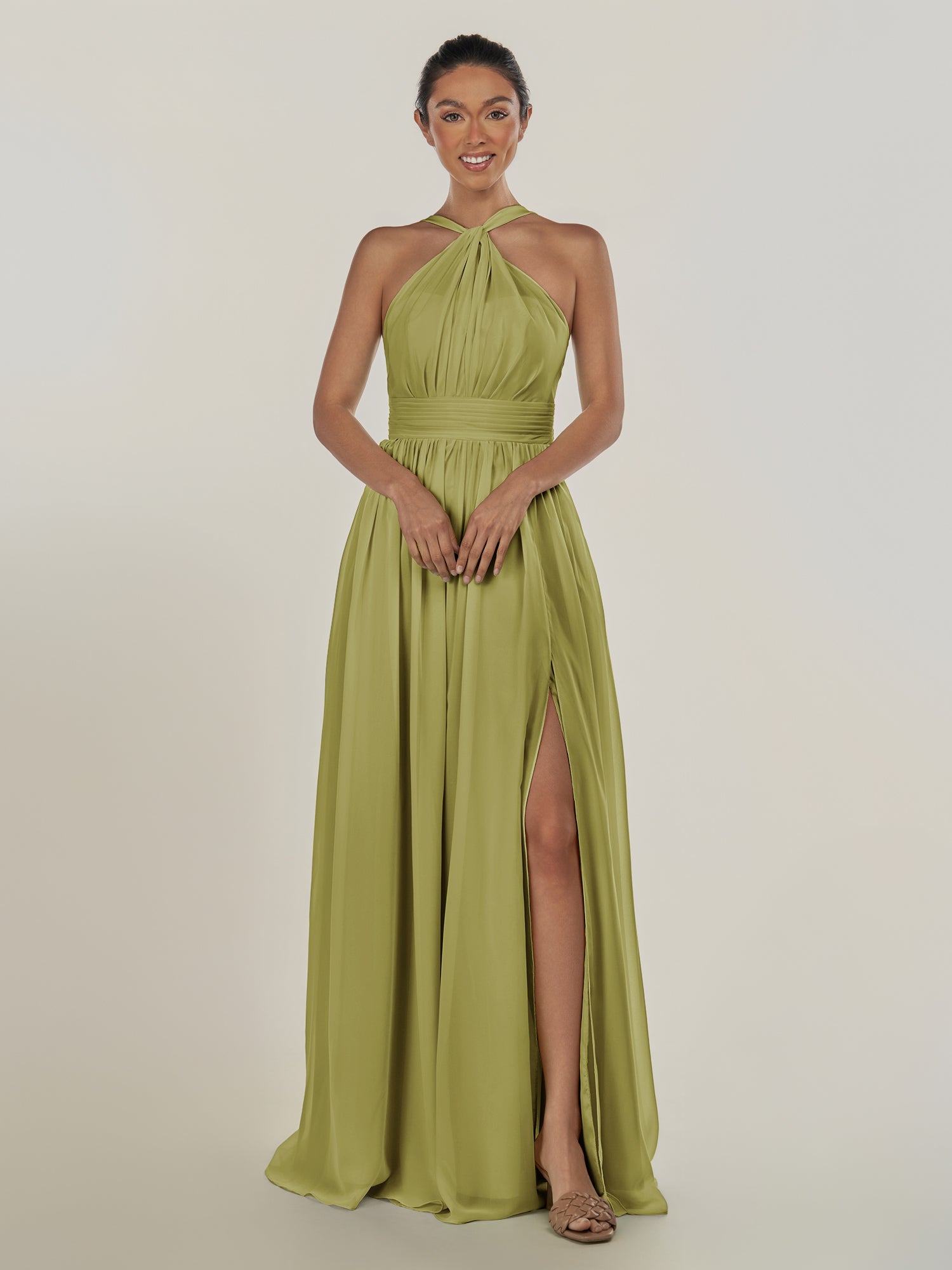 KissDress-Ciri Moss Green A Line Chiffon Halter Neck Pleated Long Bridesmaid Dress with Slit