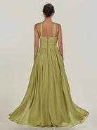 KissDress-Ciri Moss Green A Line Chiffon Halter Neck Pleated Long Bridesmaid Dress with Slit