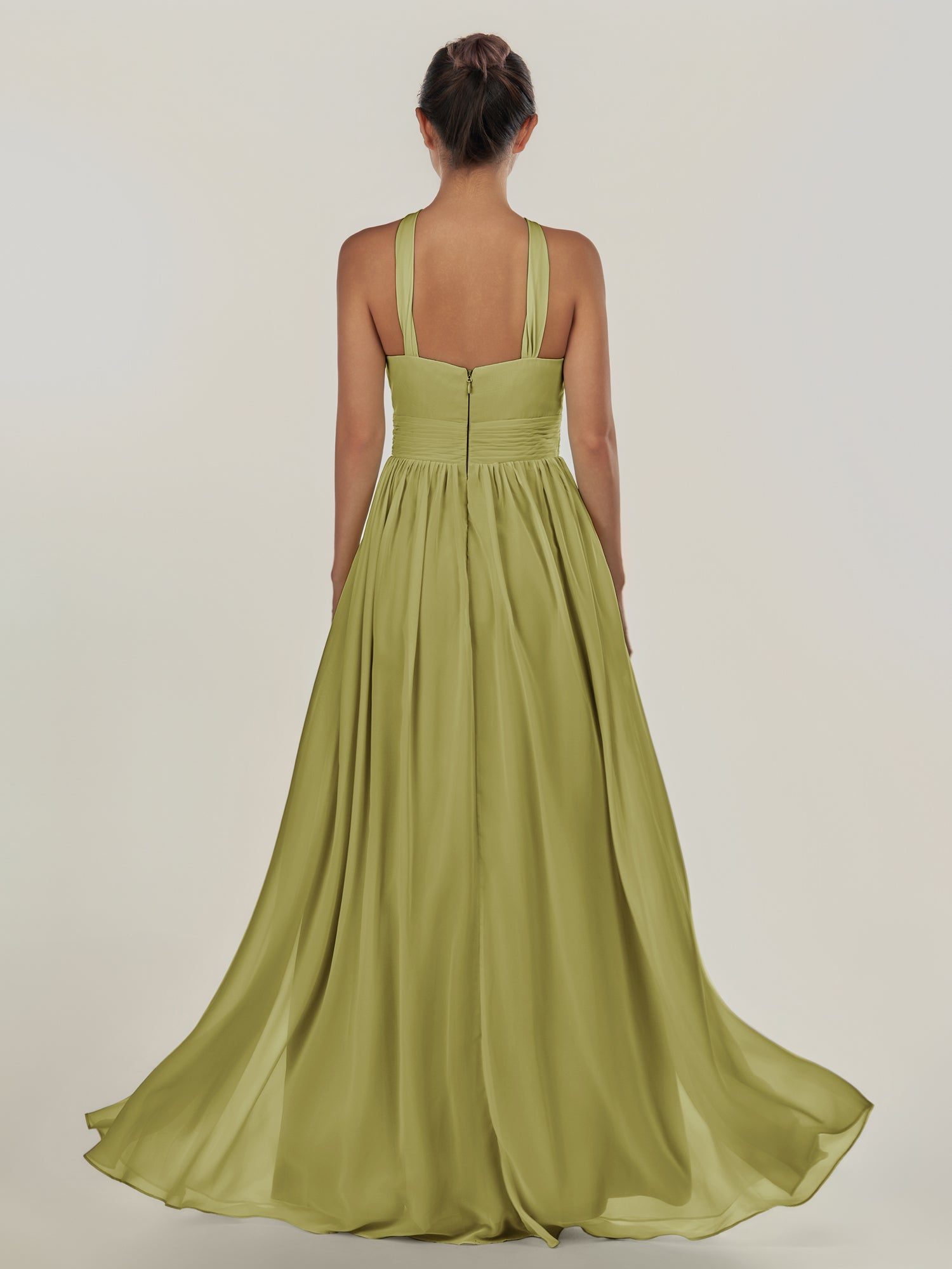 KissDress-Ciri Moss Green A Line Chiffon Halter Neck Pleated Long Bridesmaid Dress with Slit