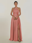 KissDress-Ciri Mulberry A Line Chiffon Halter Neck Pleated Long Bridesmaid Dress with Slit