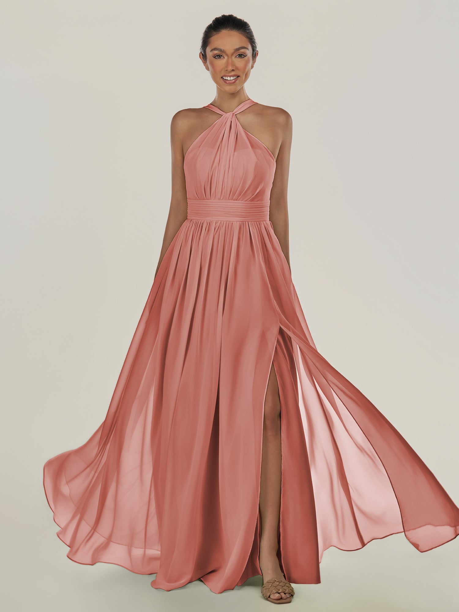 KissDress-Ciri Mulberry A Line Chiffon Halter Neck Pleated Long Bridesmaid Dress with Slit