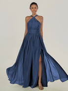 KissDress-Ciri Navy A Line Chiffon Halter Neck Pleated Long Bridesmaid Dress with Slit