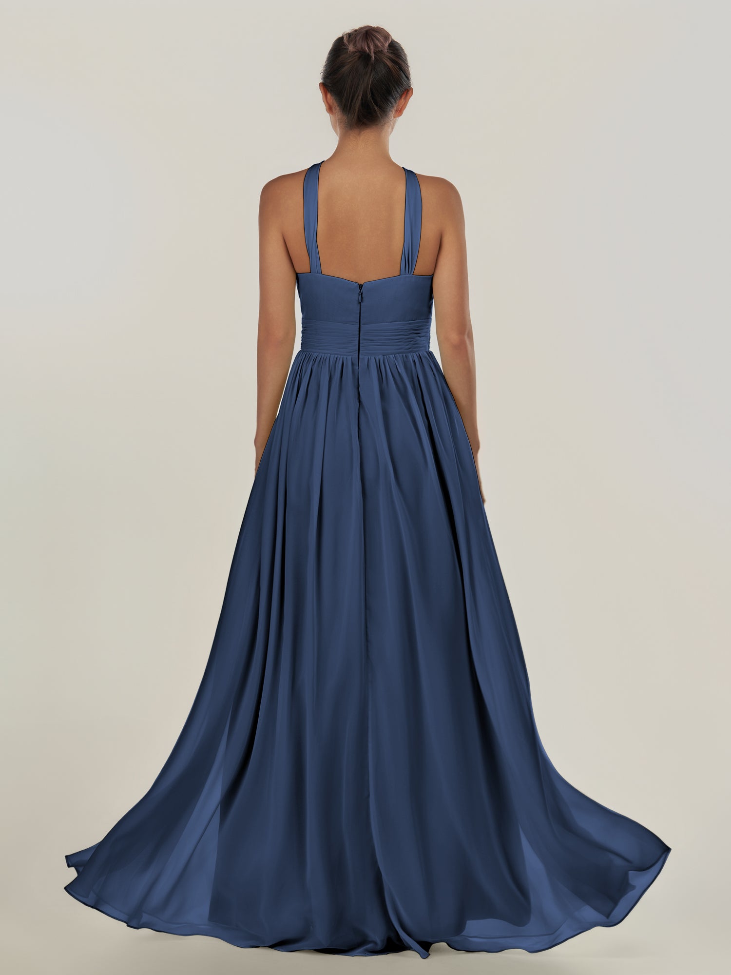KissDress-Ciri Navy A Line Chiffon Halter Neck Pleated Long Bridesmaid Dress with Slit