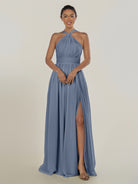 KissDress-Ciri Neptune A Line Chiffon Halter Neck Pleated Long Bridesmaid Dress with Slit