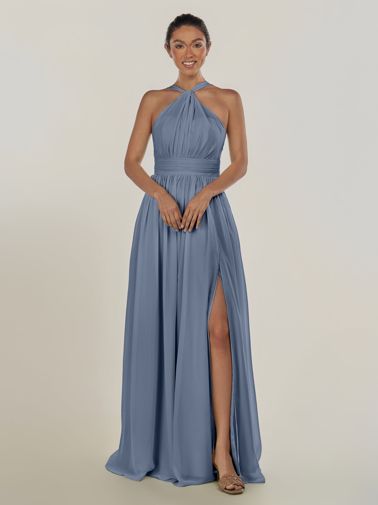 KissDress-Ciri Neptune A Line Chiffon Halter Neck Pleated Long Bridesmaid Dress with Slit