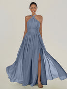 KissDress-Ciri Neptune A Line Chiffon Halter Neck Pleated Long Bridesmaid Dress with Slit
