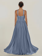 KissDress-Ciri Neptune A Line Chiffon Halter Neck Pleated Long Bridesmaid Dress with Slit