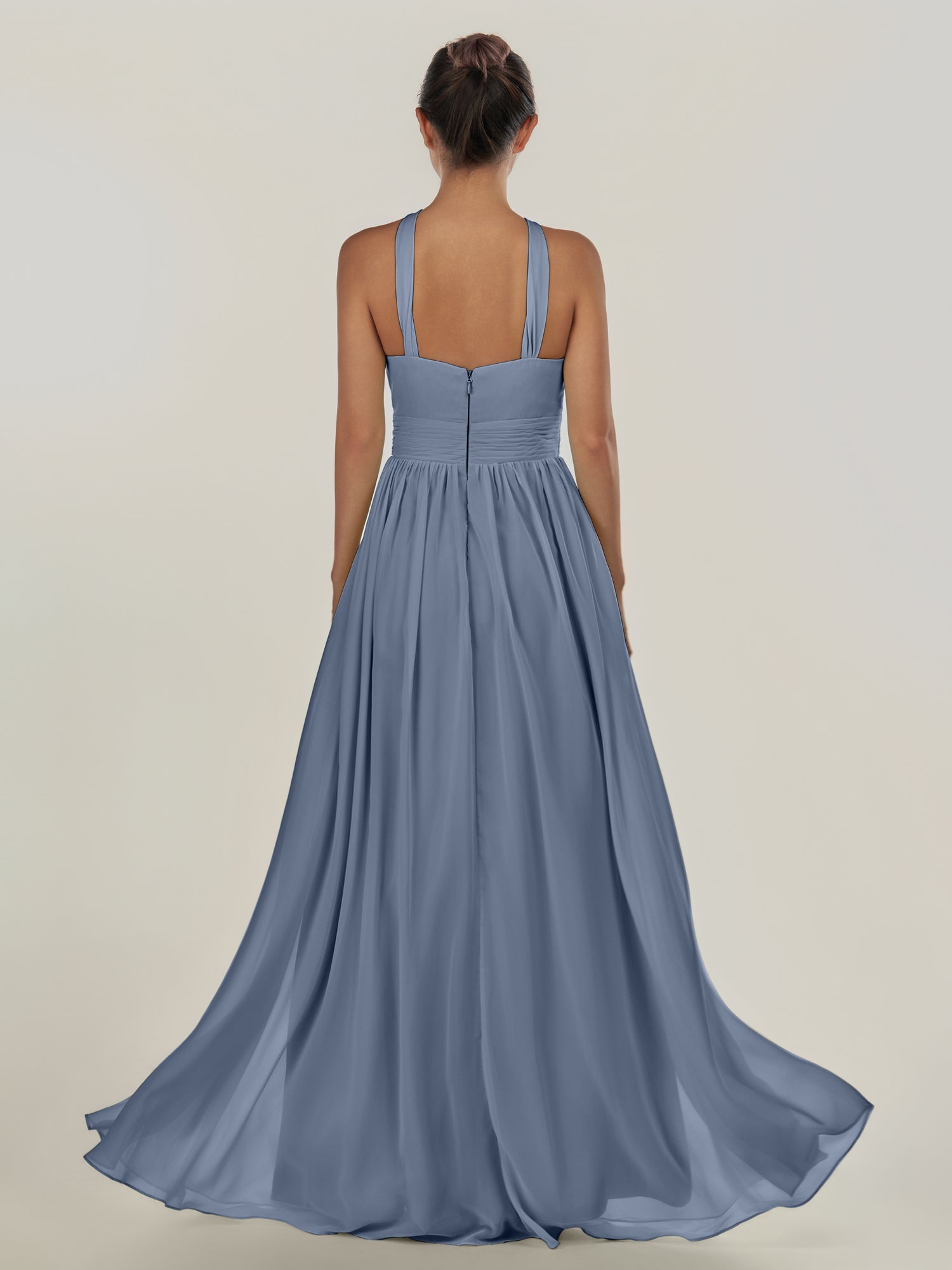 KissDress-Ciri Neptune A Line Chiffon Halter Neck Pleated Long Bridesmaid Dress with Slit