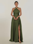 KissDress-Ciri Olive A Line Chiffon Halter Neck Pleated Long Bridesmaid Dress with Slit