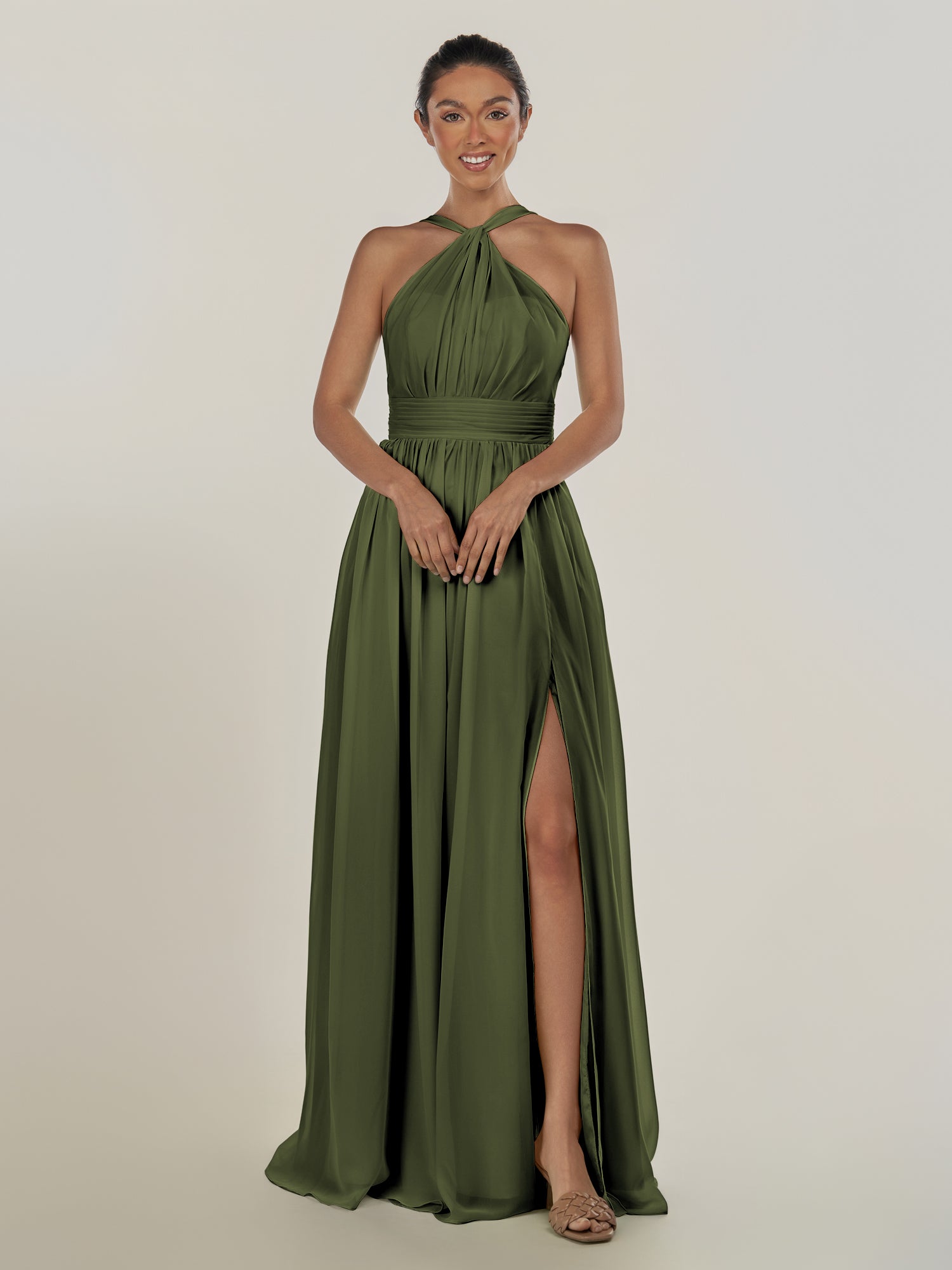 KissDress-Ciri Olive A Line Chiffon Halter Neck Pleated Long Bridesmaid Dress with Slit