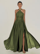 KissDress-Ciri Olive A Line Chiffon Halter Neck Pleated Long Bridesmaid Dress with Slit