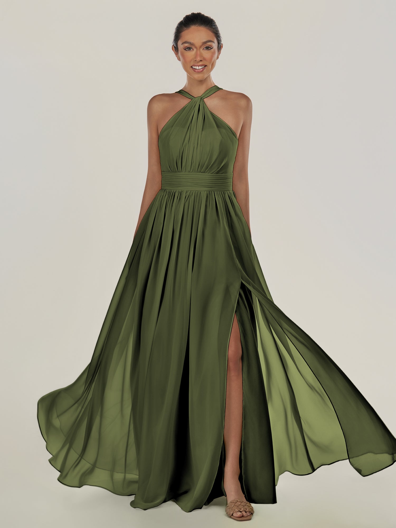 KissDress-Ciri Olive A Line Chiffon Halter Neck Pleated Long Bridesmaid Dress with Slit