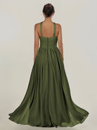 KissDress-Ciri Olive A Line Chiffon Halter Neck Pleated Long Bridesmaid Dress with Slit