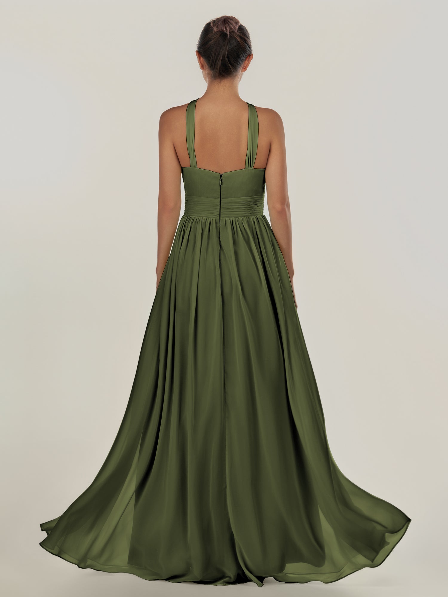KissDress-Ciri Olive A Line Chiffon Halter Neck Pleated Long Bridesmaid Dress with Slit