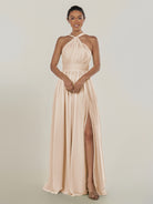 KissDress-Ciri Pale Blush A Line Chiffon Halter Neck Pleated Long Bridesmaid Dress with Slit