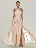 KissDress-Ciri Pale Blush A Line Chiffon Halter Neck Pleated Long Bridesmaid Dress with Slit