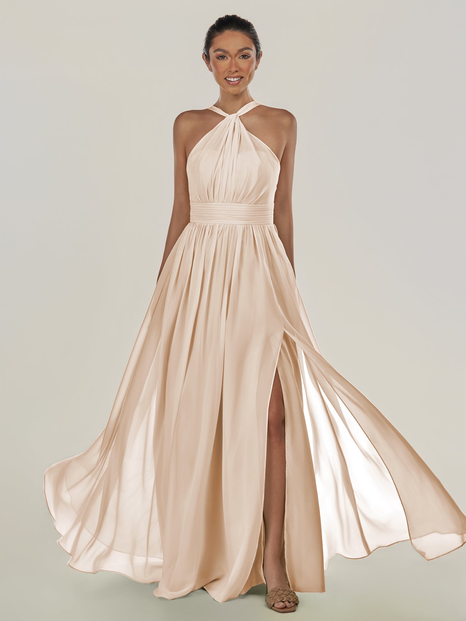 KissDress-Ciri Pale Blush A Line Chiffon Halter Neck Pleated Long Bridesmaid Dress with Slit