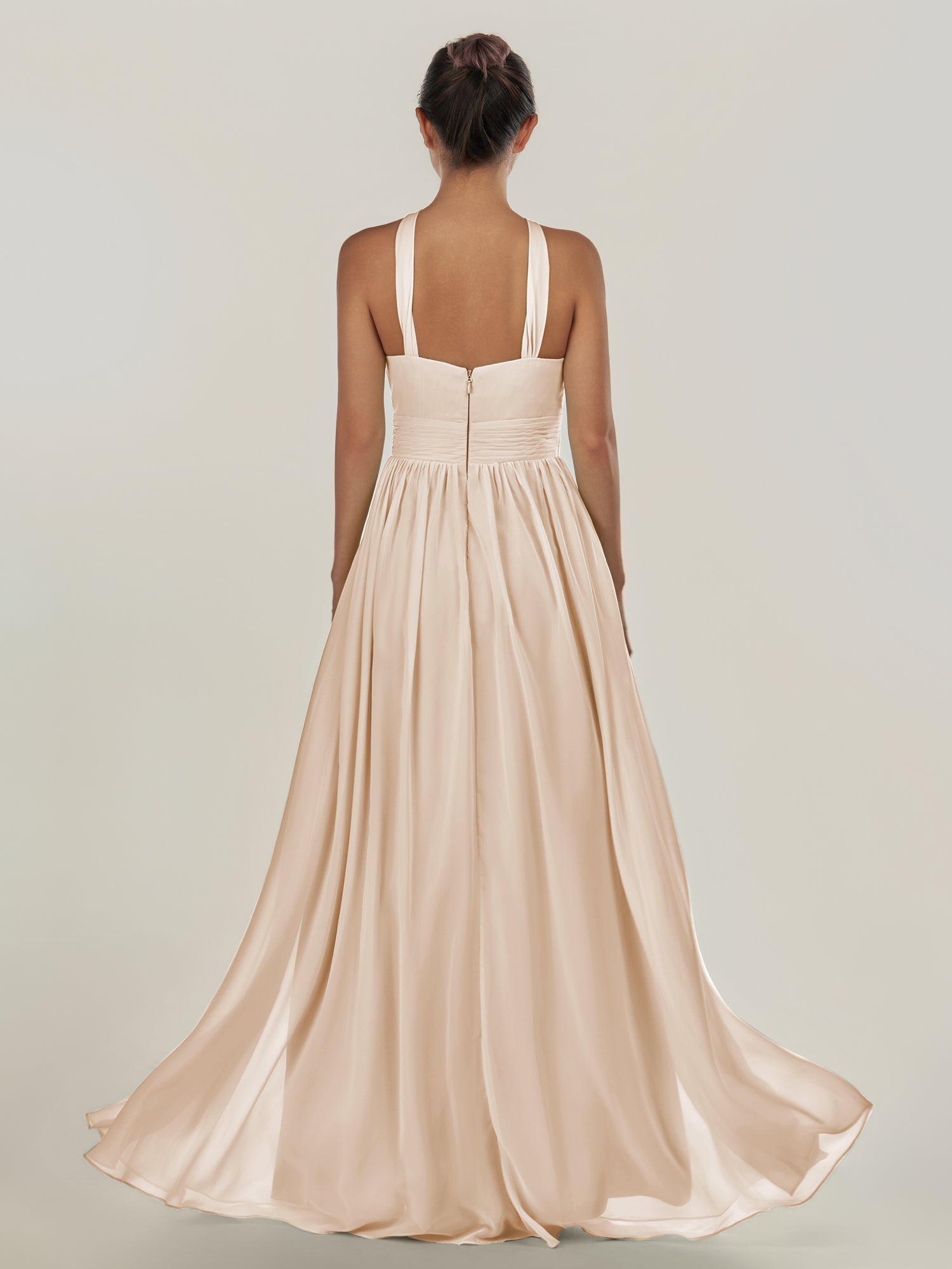KissDress-Ciri Pale Blush A Line Chiffon Halter Neck Pleated Long Bridesmaid Dress with Slit
