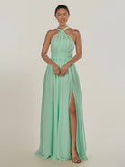 KissDress-Ciri Pale Pistachio A Line Chiffon Halter Neck Pleated Long Bridesmaid Dress with Slit
